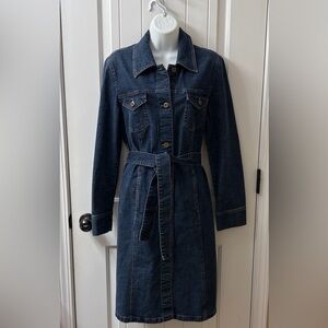 Tribal Chambray Denim Button Front Maxi Tie Belt Dress - Size 10